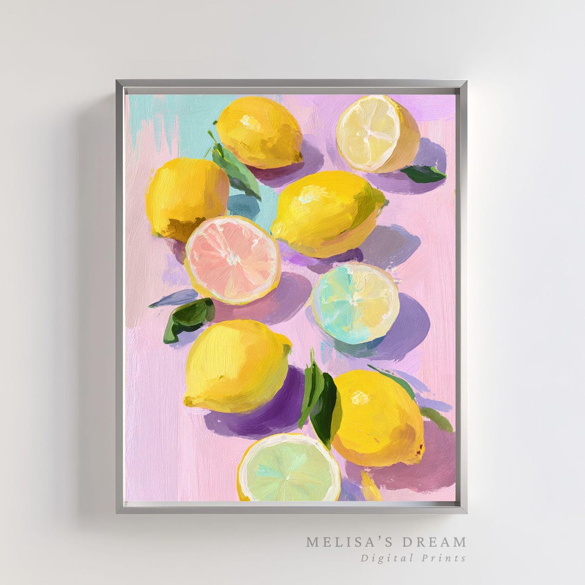 Bright Lemons Citrus Oil Painting Pink Background Kitchen Decor Poster
