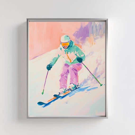 Skiing Art Print, Colorful Winter Sports Decor