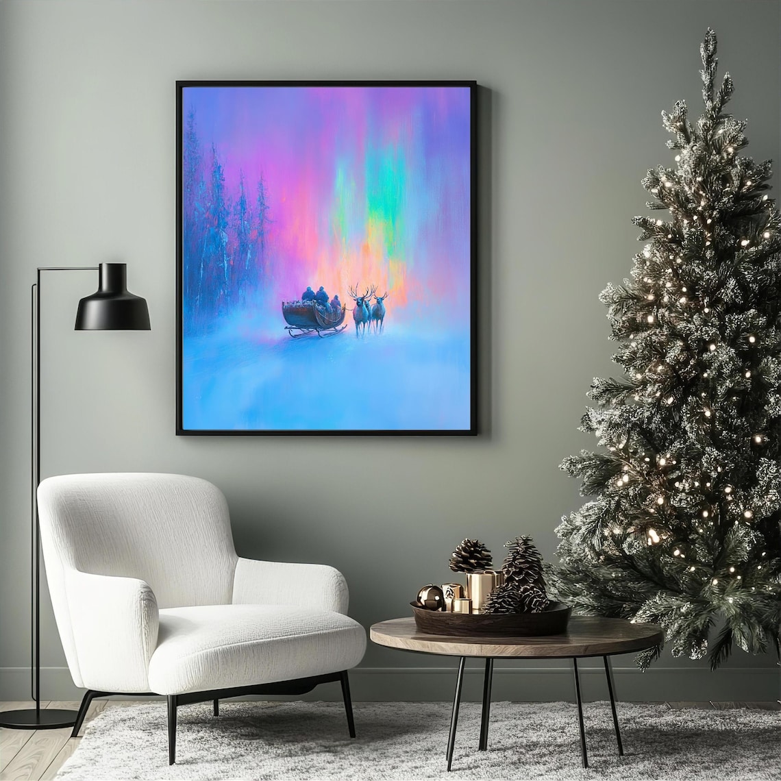 Christmas Sleigh Ride Reindeer Aurora Borealis Print - Image 5