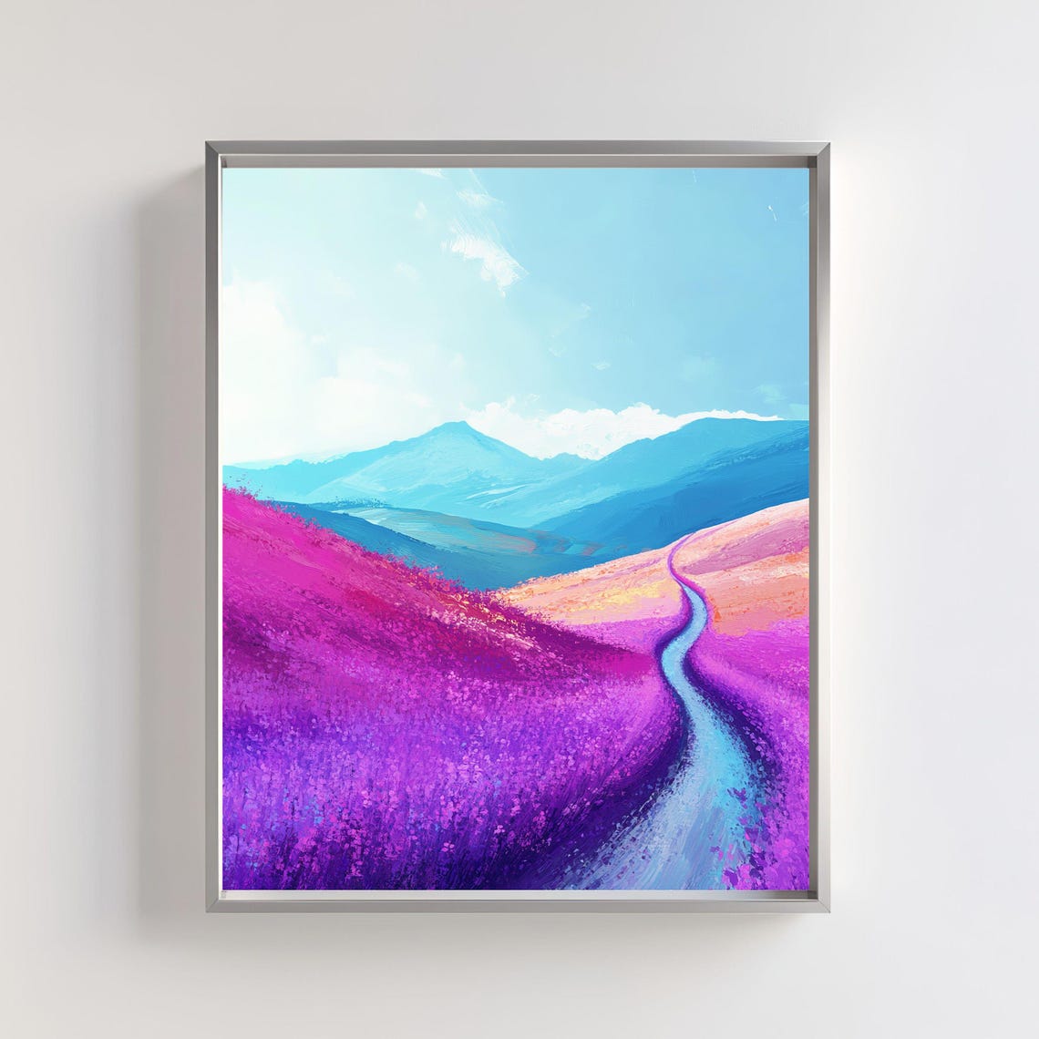 Purple Lavender Field Mountain Stream Colorful Landscape Art Poster