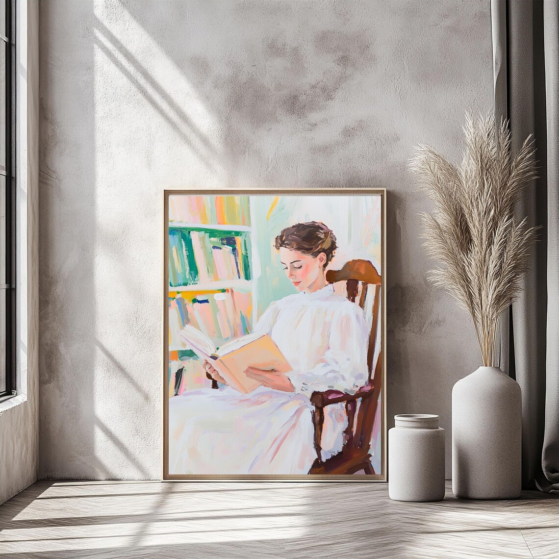 Elegant Woman Reading Book In Vintage Library Portrait Art Poster - Image 2