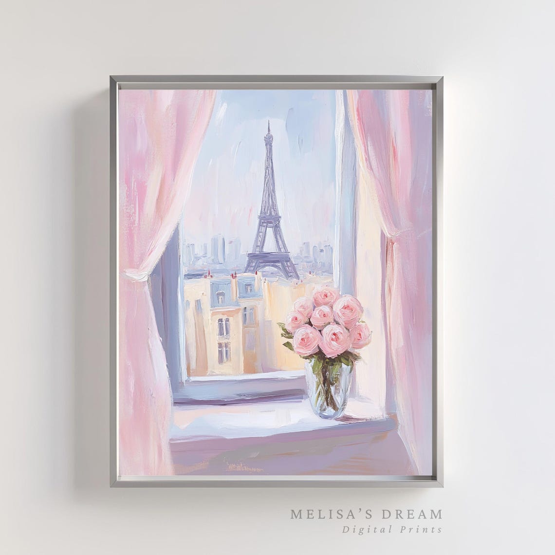 Eiffel Tower Seen Through Window With Pink Roses Paris Art Poster