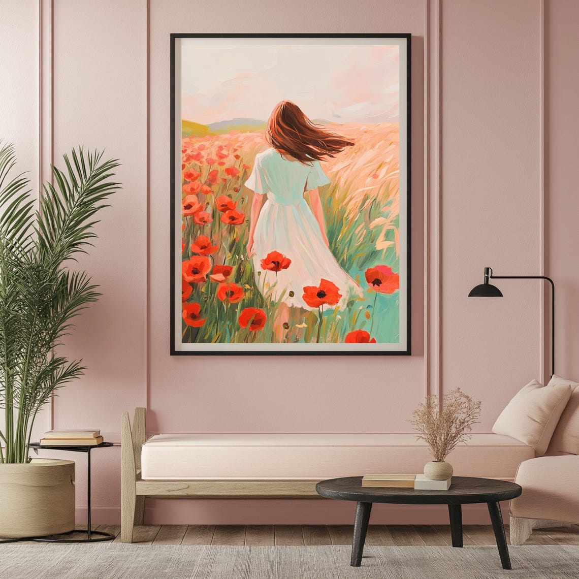 Woman In Wheat Field With Red Poppies Wildflower Landscape Painting Dreamy Floral Wall Art Farmhouse Meadow Nature Scene Illustration - Image 2
