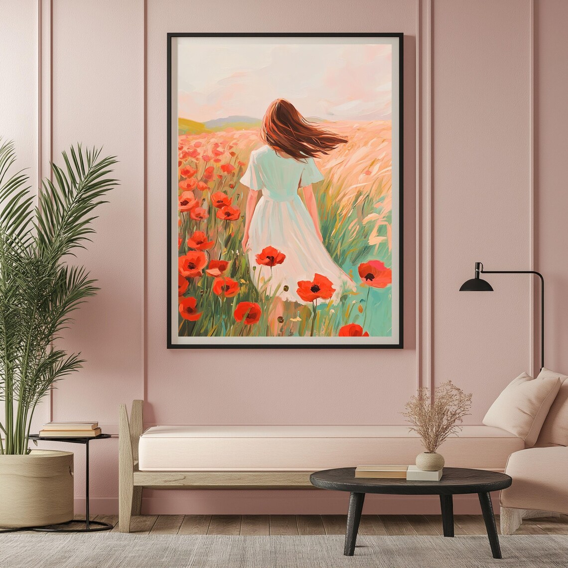 Woman Walking Through Red Poppy Field At Sunset Floral Art Poster - Image 2
