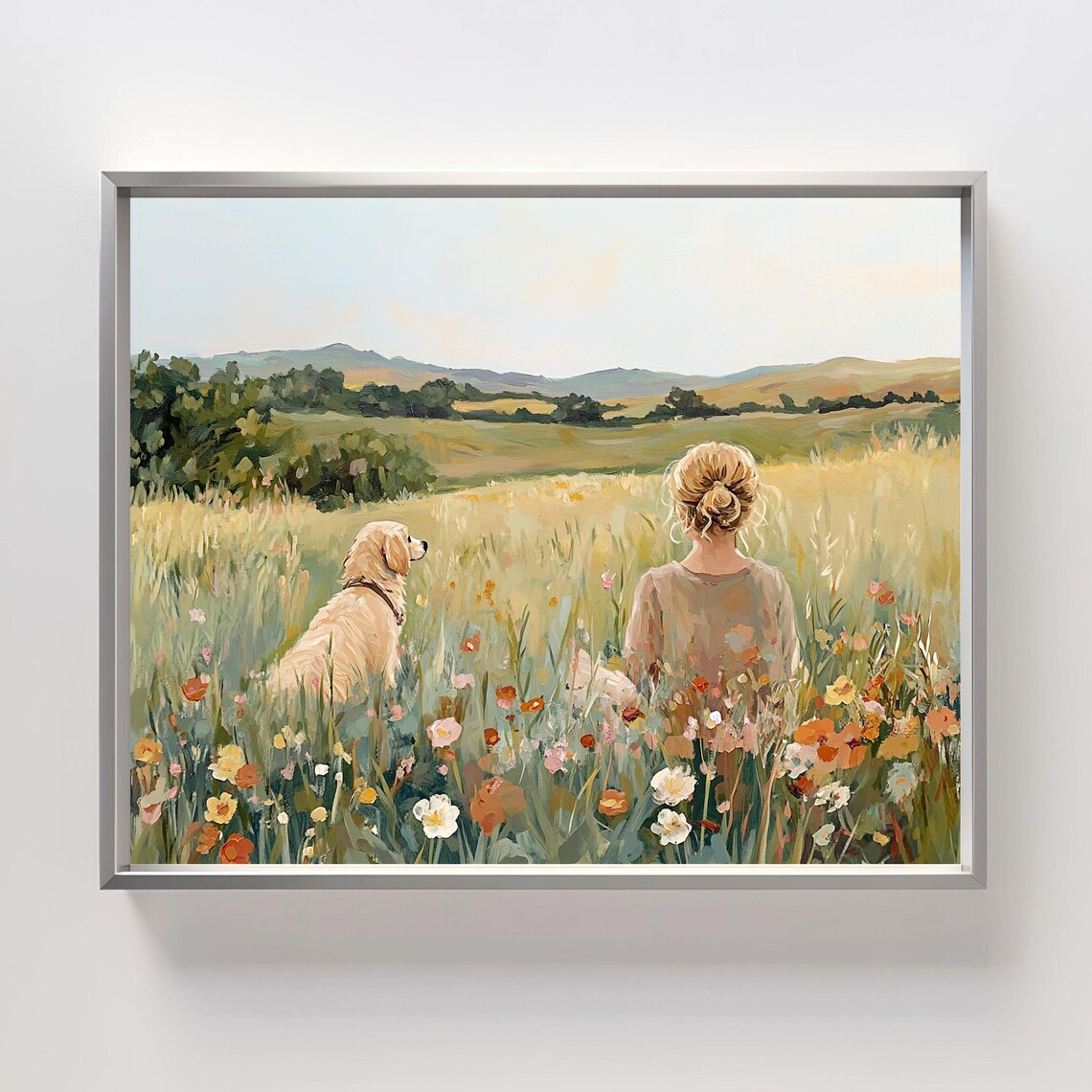 Girl And Golden Retriever in Wildflower Field Art Print