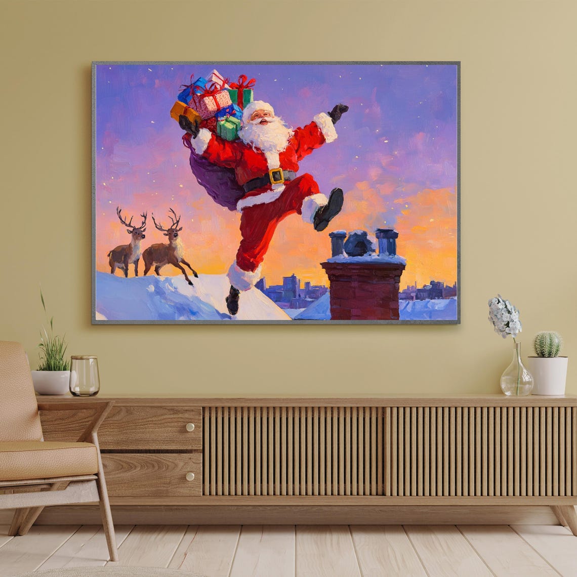 Santa Claus Dancing On Snowy Rooftop With Gift Sack Art Poster - Image 3