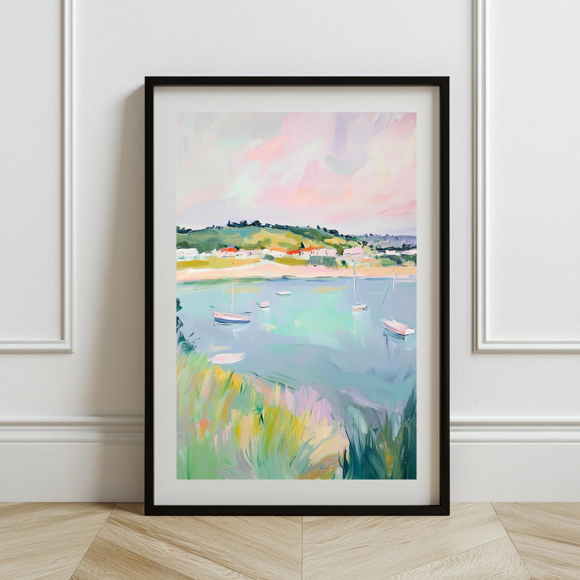 Pastel Coastal Harbor With Sailboats Peaceful Seascape Art Poster - Image 2