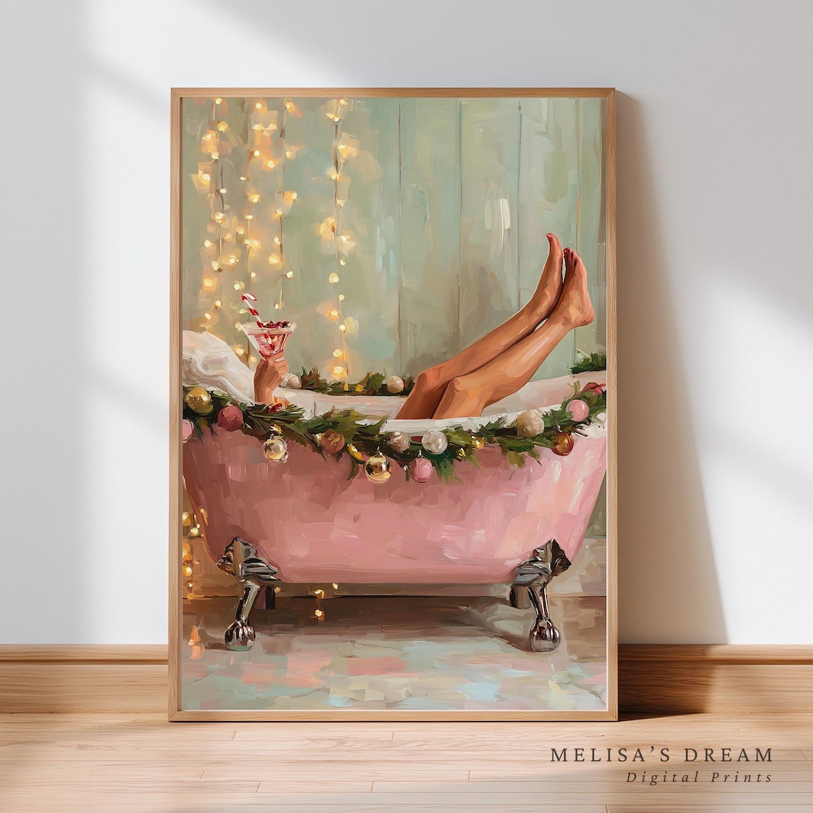 Pink Christmas Bathtub Art Print, Cozy Holiday Decor
