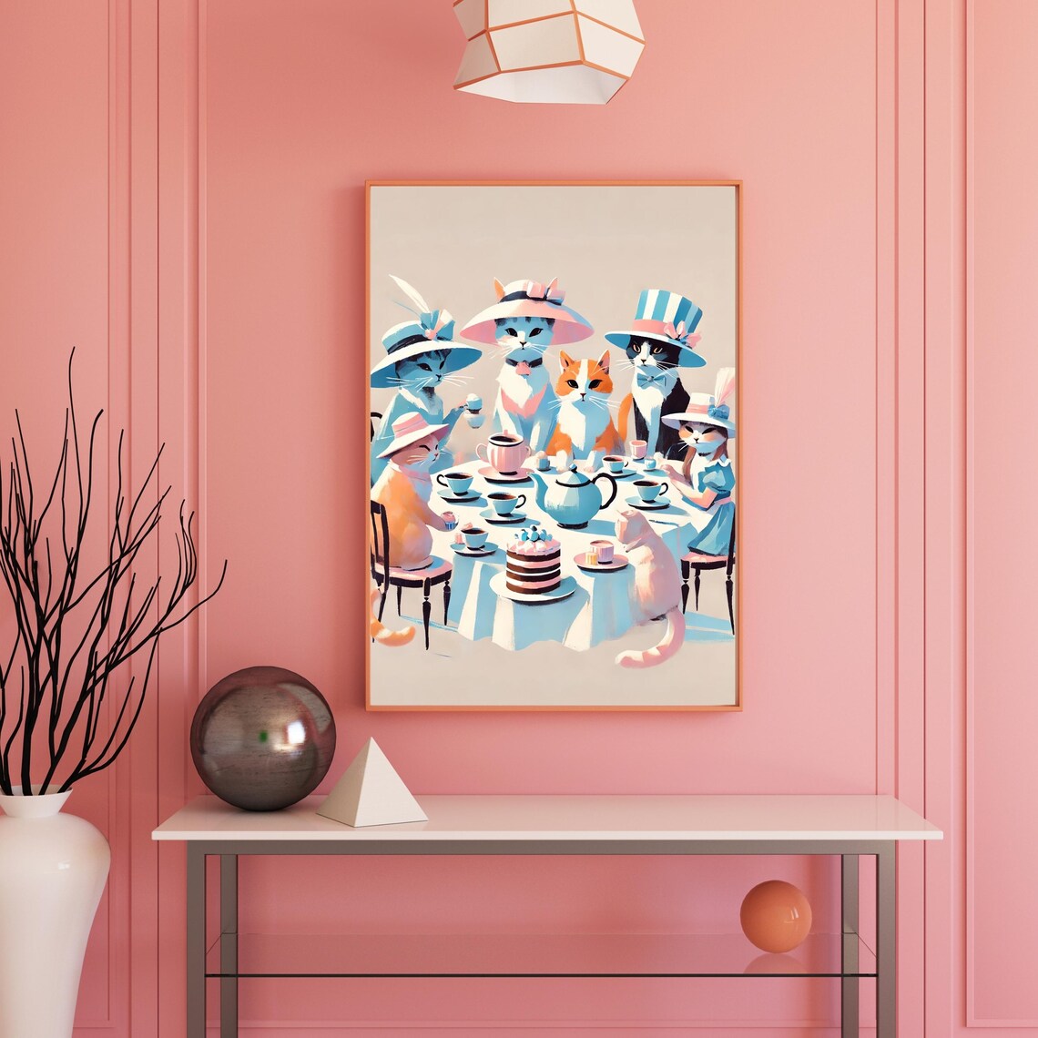 Cats Tea Party With Hats Vintage Pastel Whimsical Animal Art Poster - Image 3