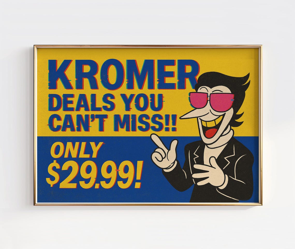 Kromer Deals Spamton Retro Ad Bold Pop Gaming Character Art Poster