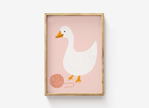 White Goose Yarn Ball Cute Farm Nursery Kids Room Animal Poster