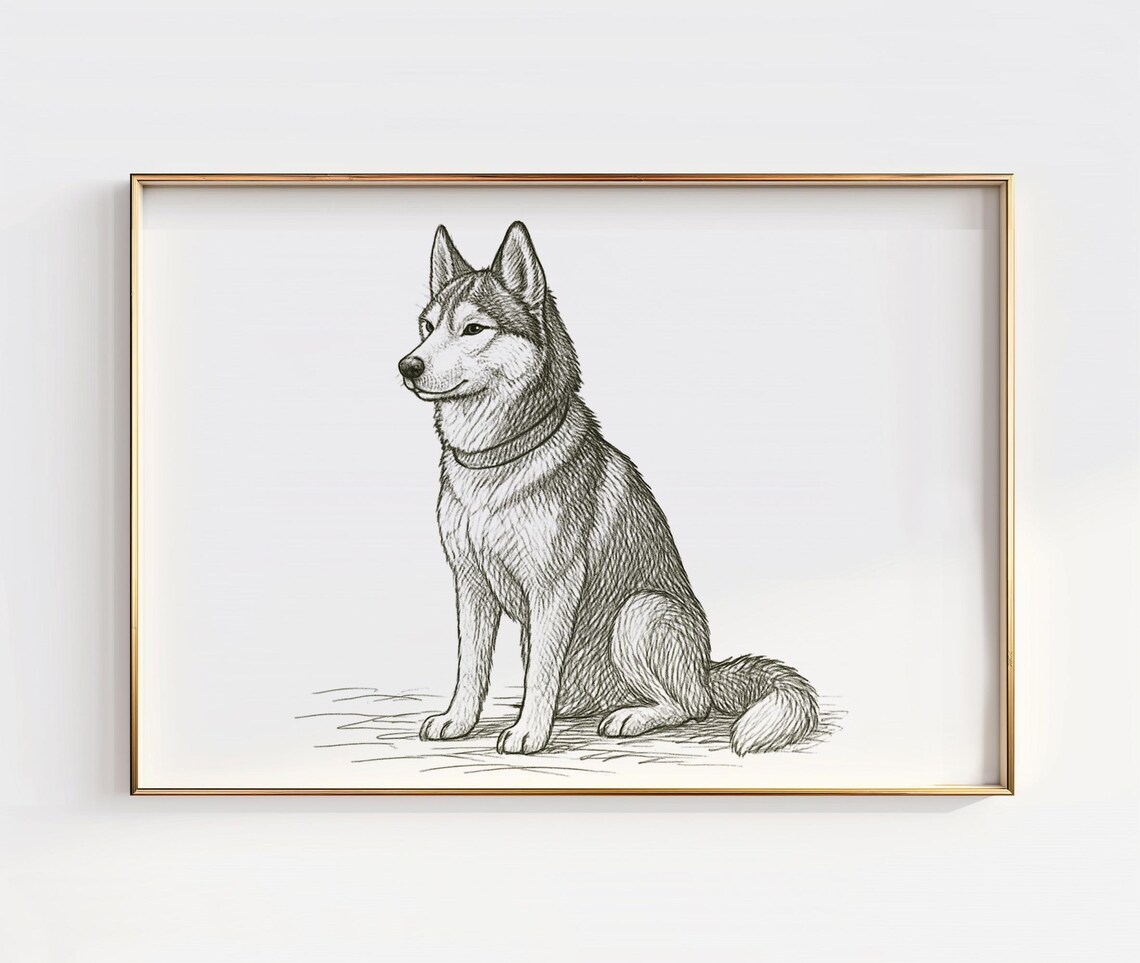 Siberian Husky Sitting Sketch Pencil Dog Portrait Illustration Poster