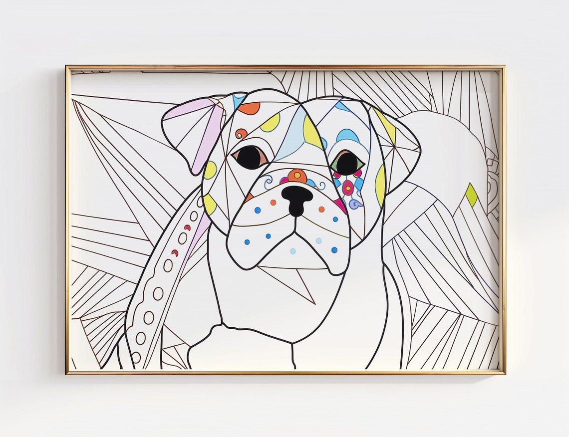 Colorful Bulldog Patterned Line Art Modern Dog Portrait Poster