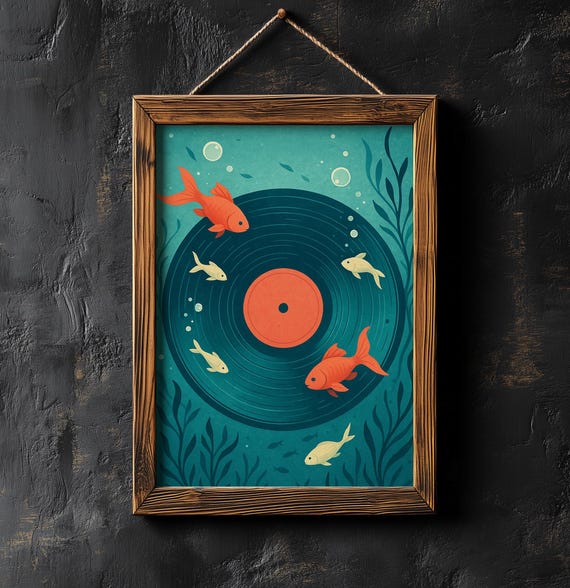 Retro Fish Vinyl Record Art Print Whimsical Underwater Music Poster