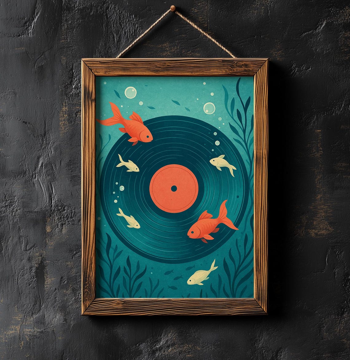 Whimsical Goldfish Swimming Around Teal Vinyl Record Art Poster