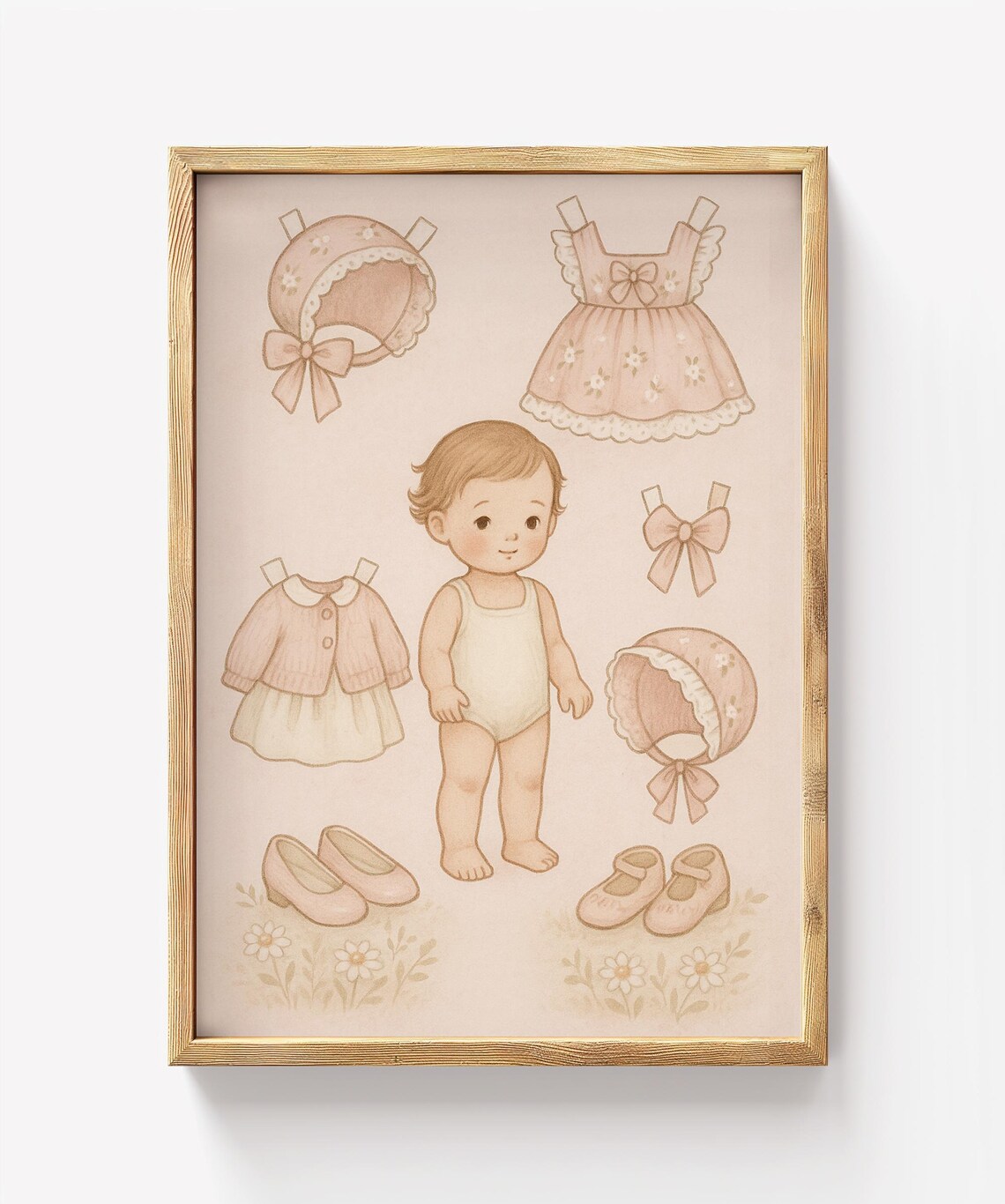 Vintage Paper Doll Baby Girl Dresses Bonnets Pastel Nursery Poster