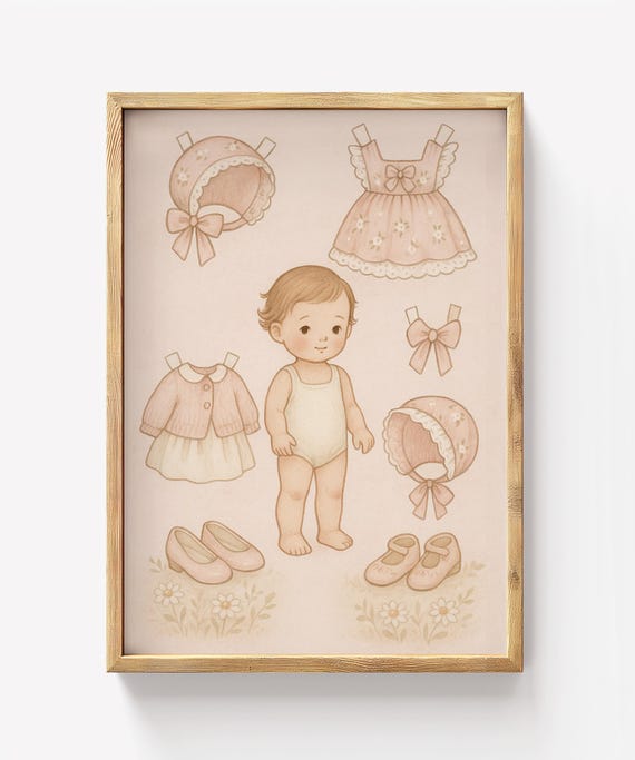Vintage Baby Girl Paper Doll Print Pastel Nursery Wall Art