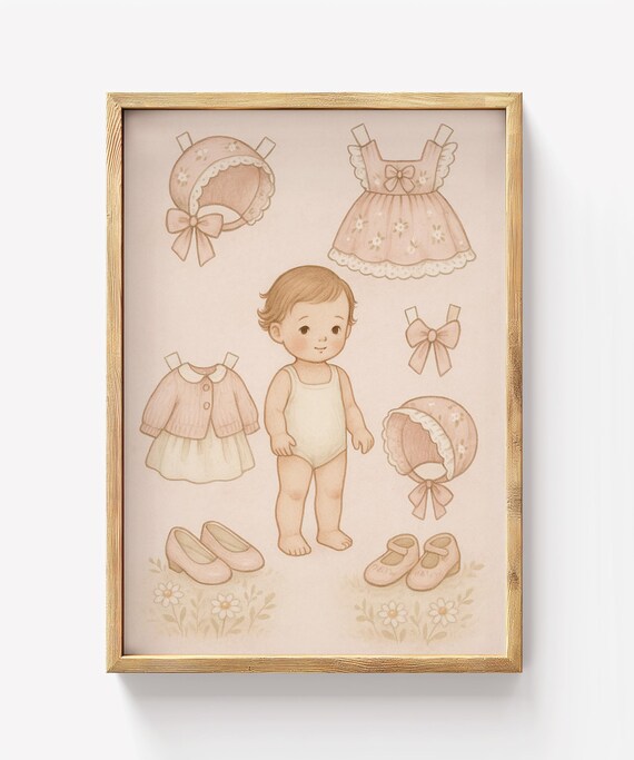 Vintage Paper Doll Baby Girl Dresses Bonnets Pastel Nursery Poster