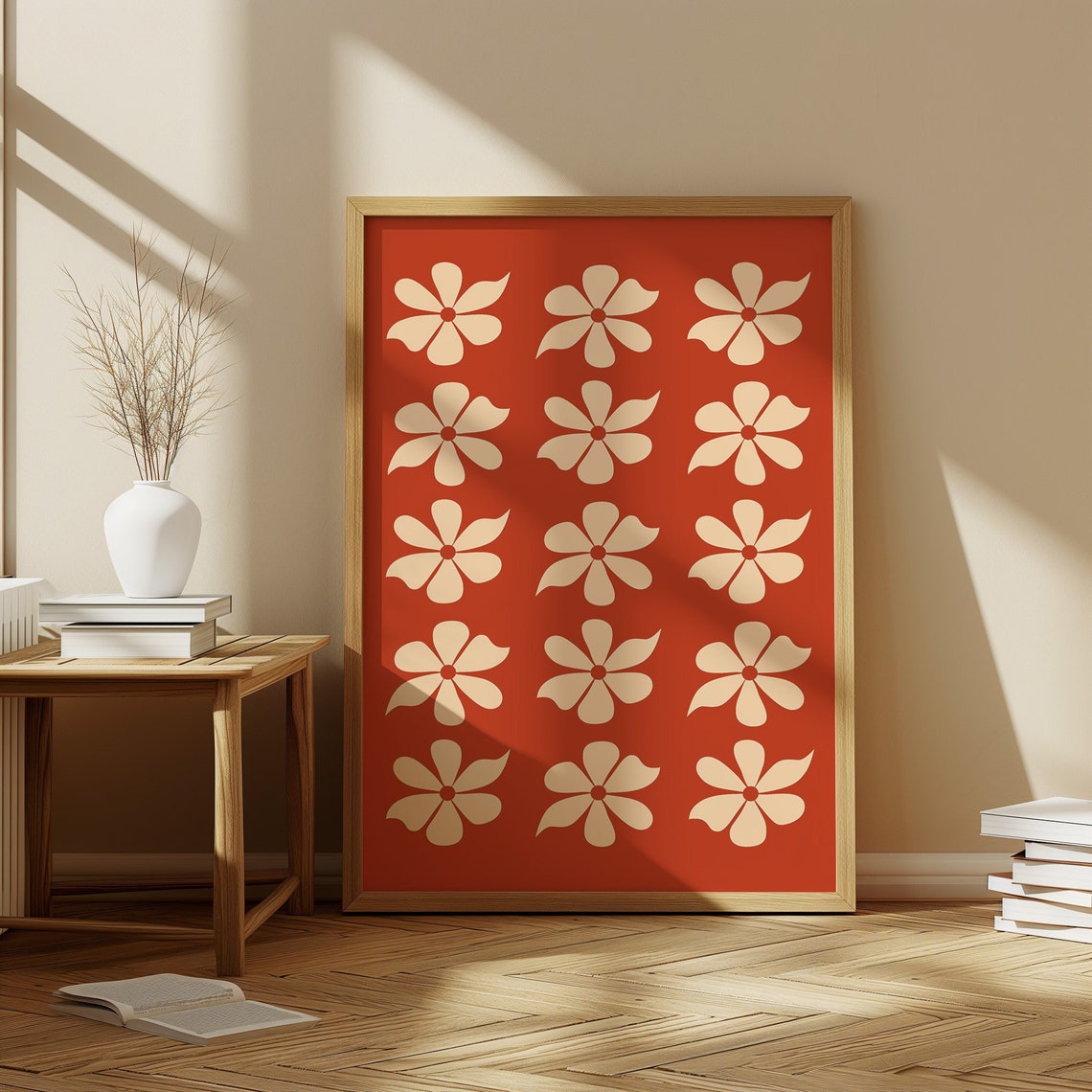 Bold Red Retro 70s Flower Grid Pattern Poster With Cream Blooms