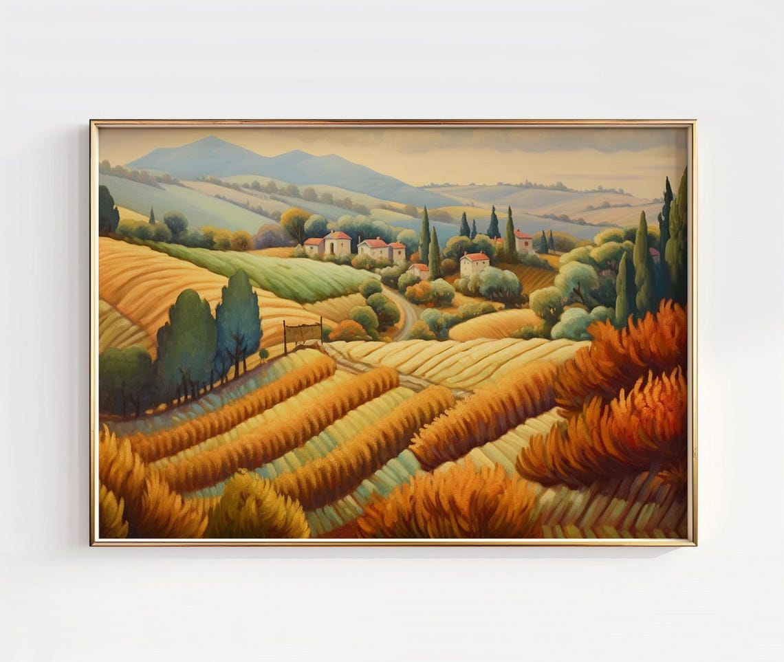 Tuscan Autumn Landscape Art Print Countryside Village