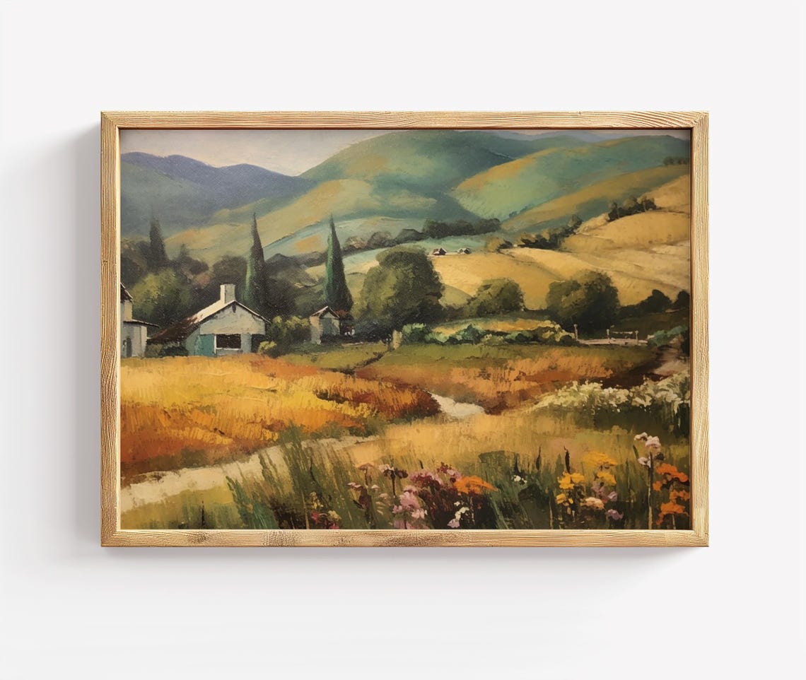 Golden Hillside Farmhouse Landscape Painting Rustic Country Wall Art