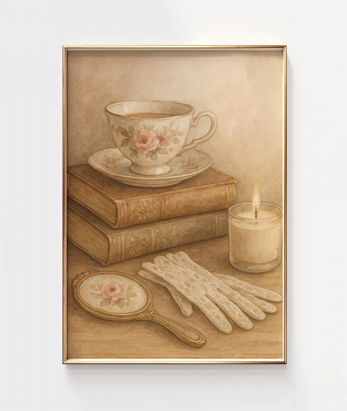 Vintage Tea Cup Books Candle Romantic Victorian Cozy Art Poster