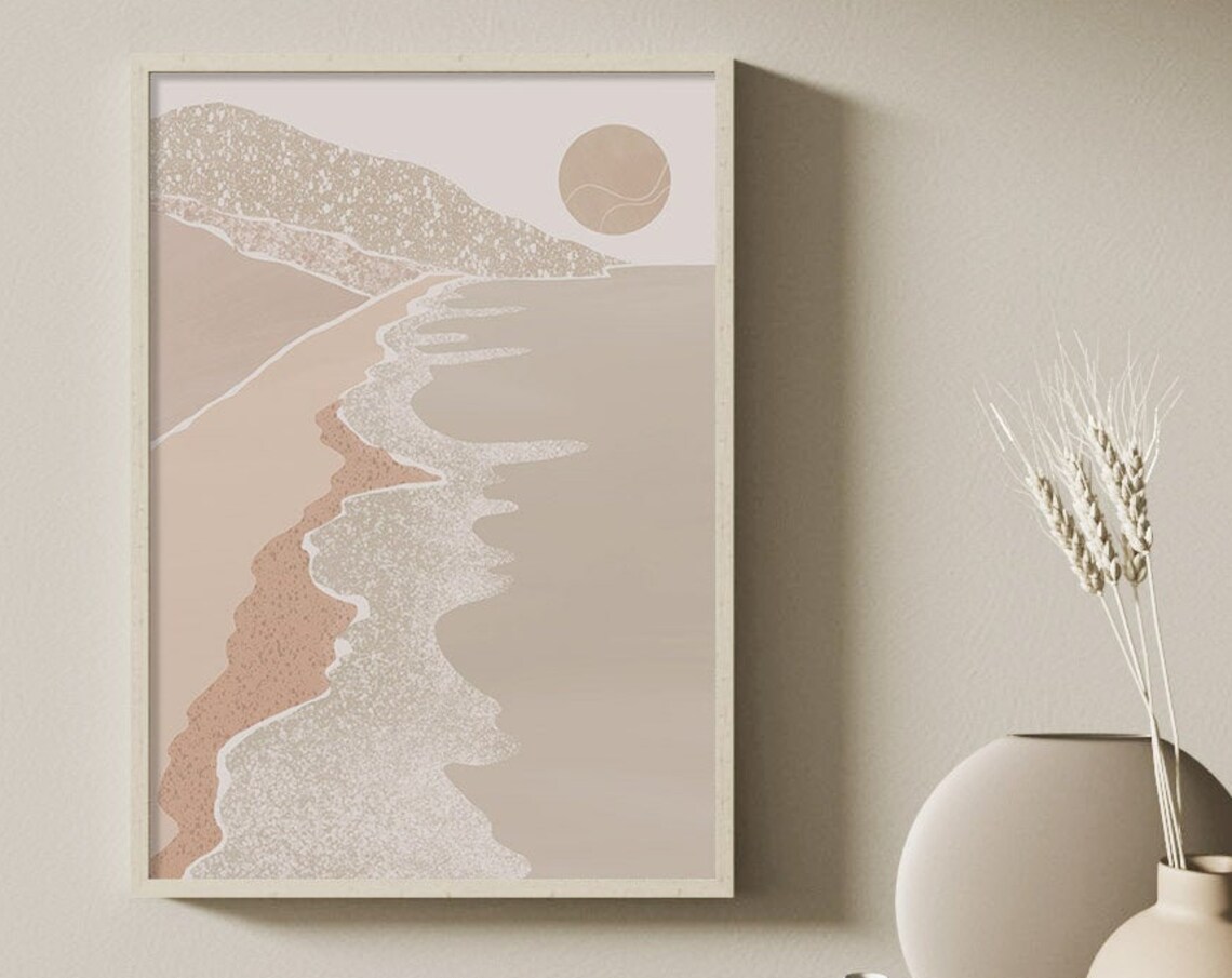 Neutral Beach Coastline Art Beige Ocean Waves Sun Modern Wall Poster