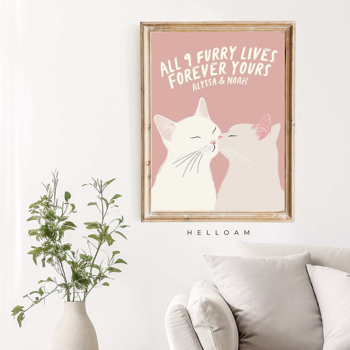 Personalized Cat Couple All 9 Furry Lives Forever Yours Pink Wall Art - Image 2