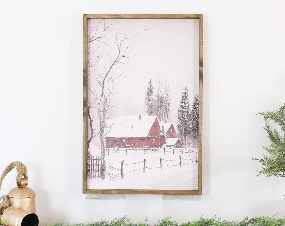 Winter Red Barn Snowy Farmhouse Christmas Landscape Sign Poster
