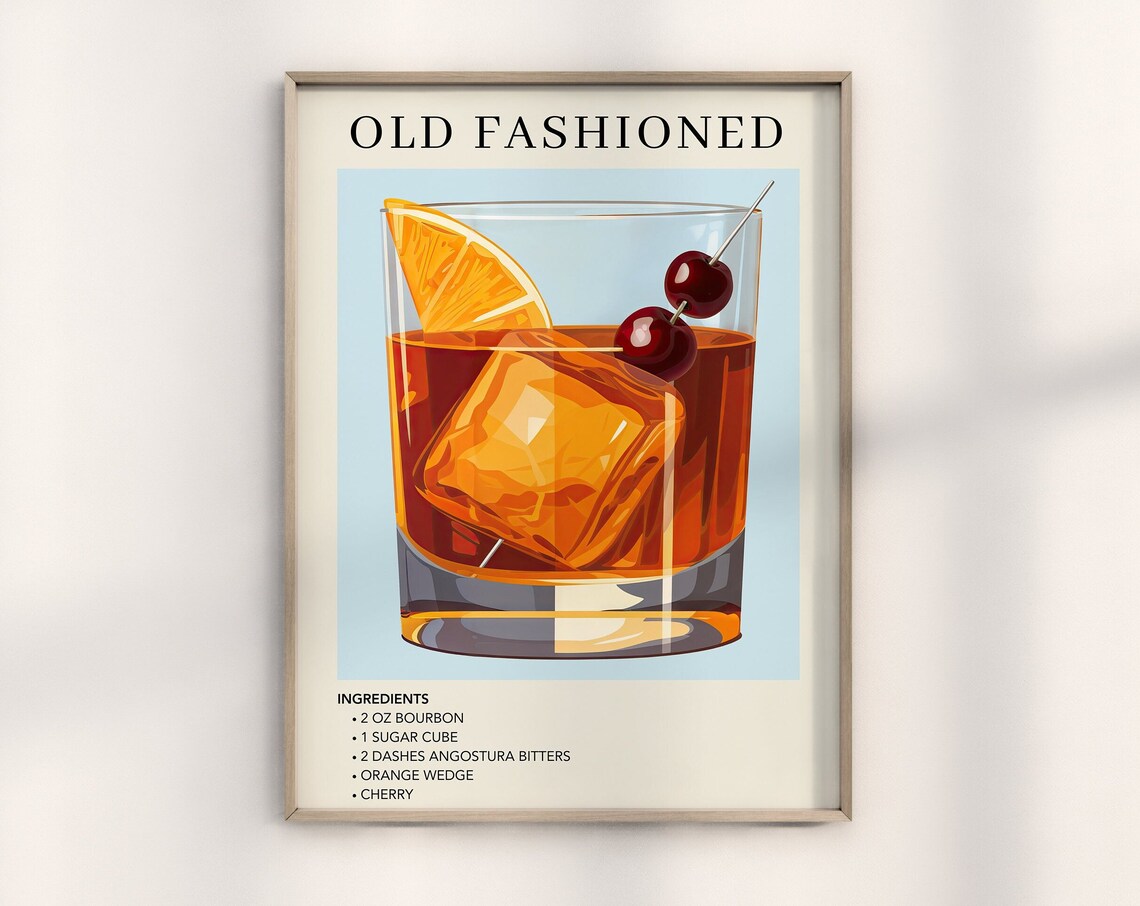 Old Fashioned Bar Cart Decor Retro Cocktail Poster