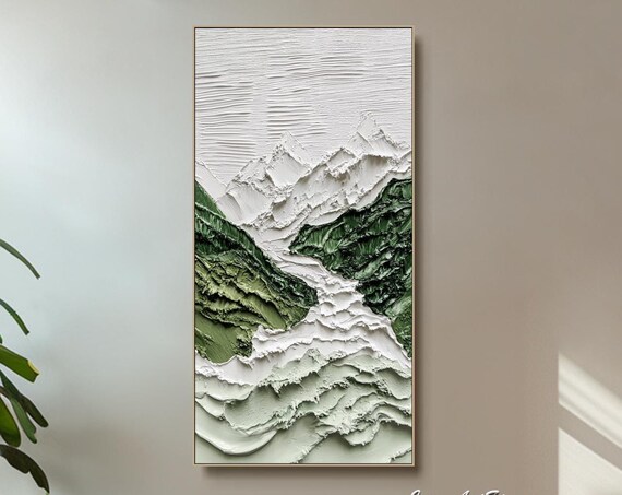 Abstract Oil Painting On Original Acrylic Painting Mountain Wall Art Large Green Wall Art Vertical Texture Wall Art Bed Room Wall Art