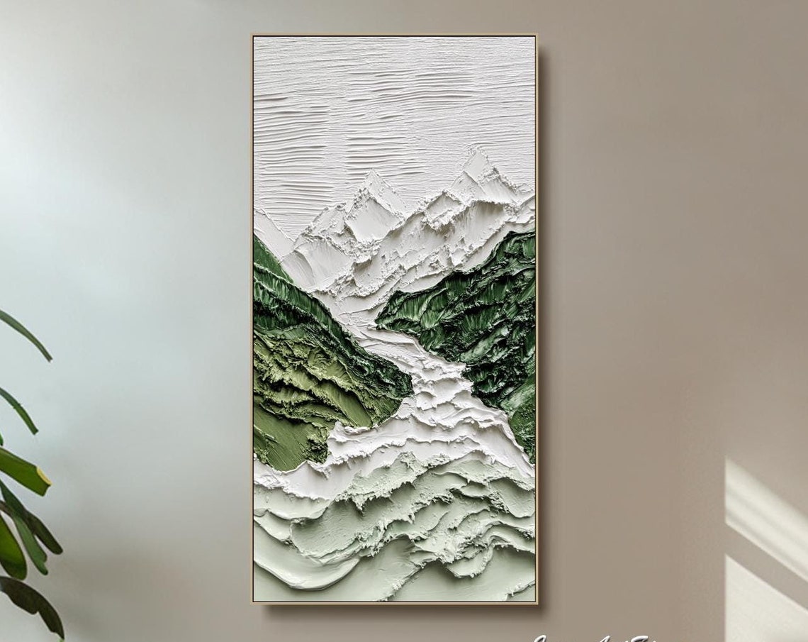 Green White Snowy Mountain Valley Textured 3D Vertical Art Poster