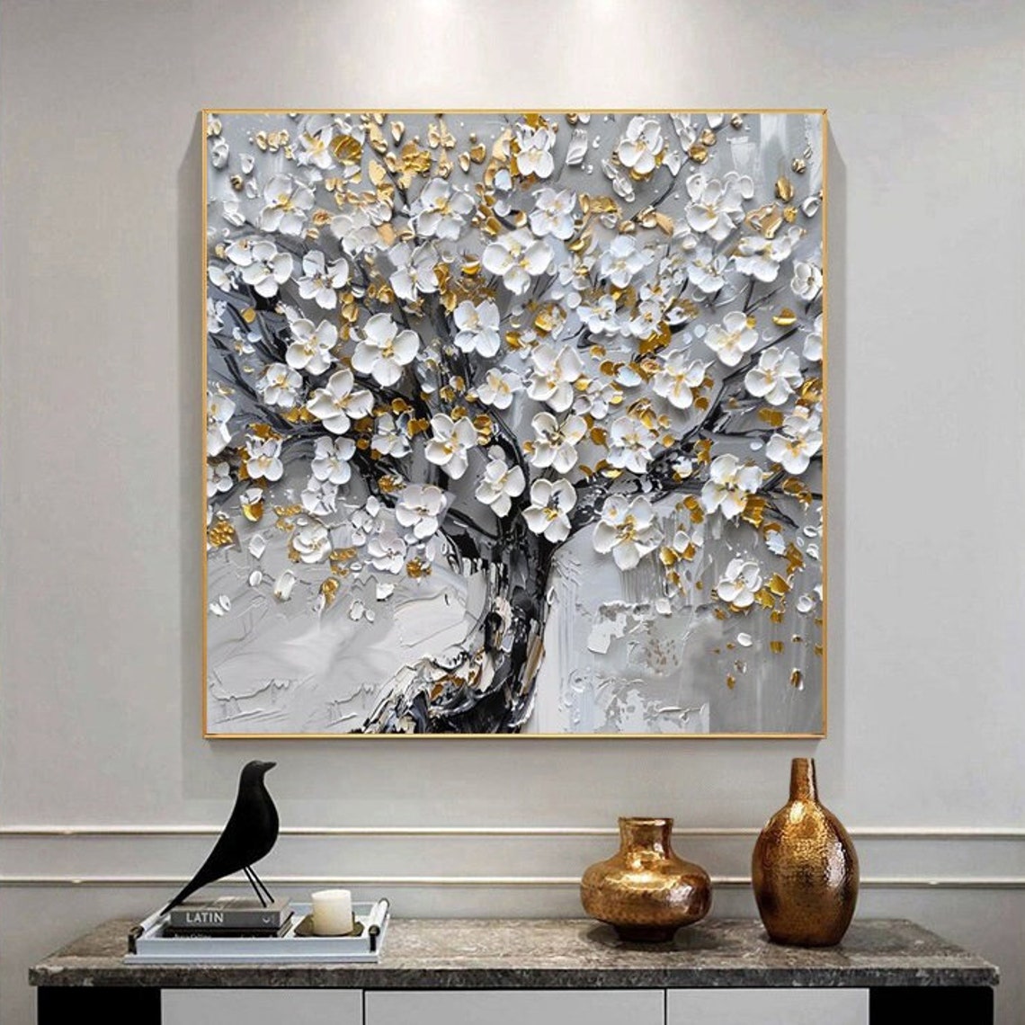 Tall White Cherry Blossom Tree With Golden Leaves Square Poster - Image 6