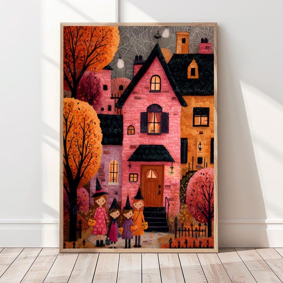 Halloween Kids Wall Art Pink Spooky Haunted House Pinkoween Whimsical Trick Or Treat Print Fall