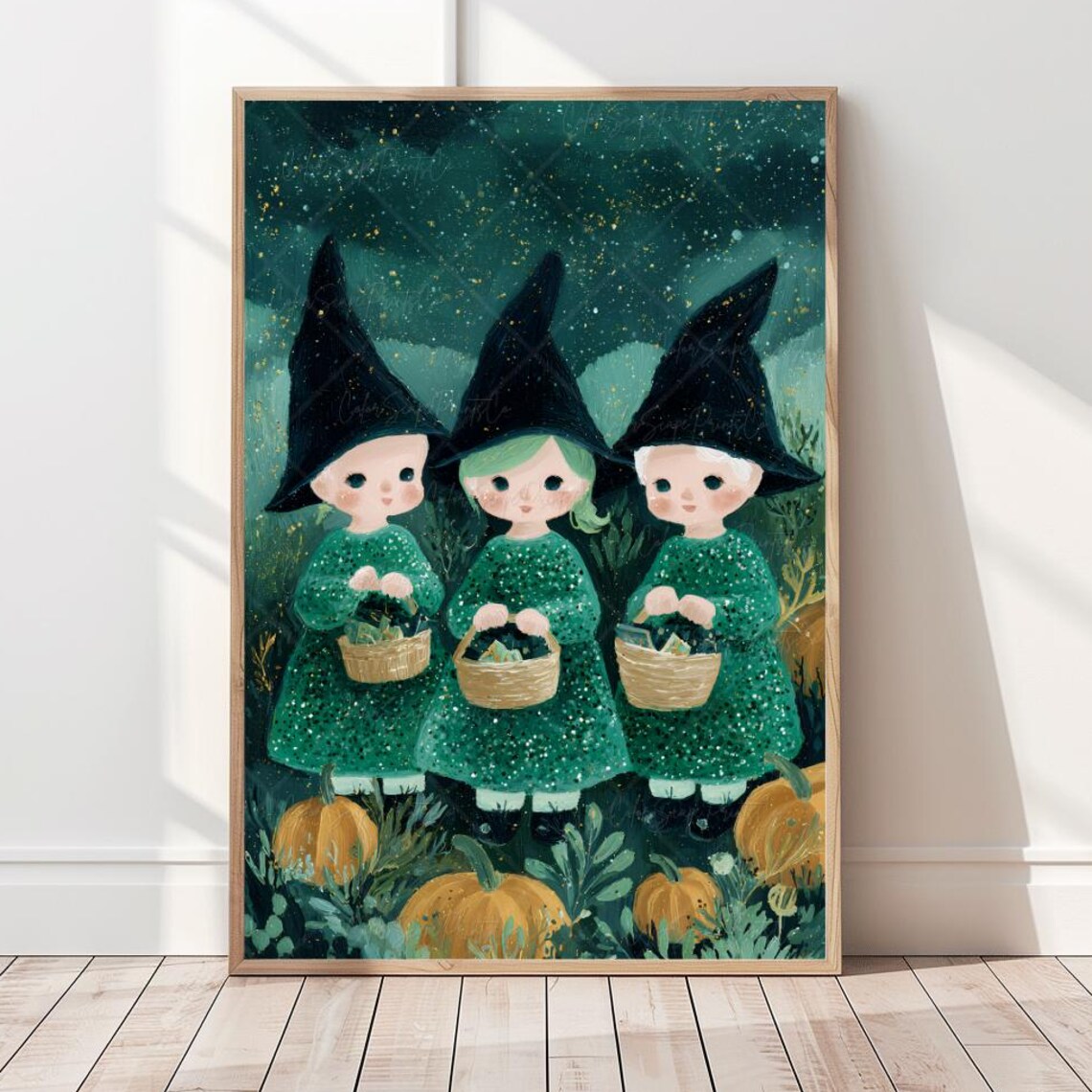 Cute Halloween Kids Trick Or Treat Wall Art Decor Spooky Nursery Print Fall Pumpkin Patch Starry Night Sky