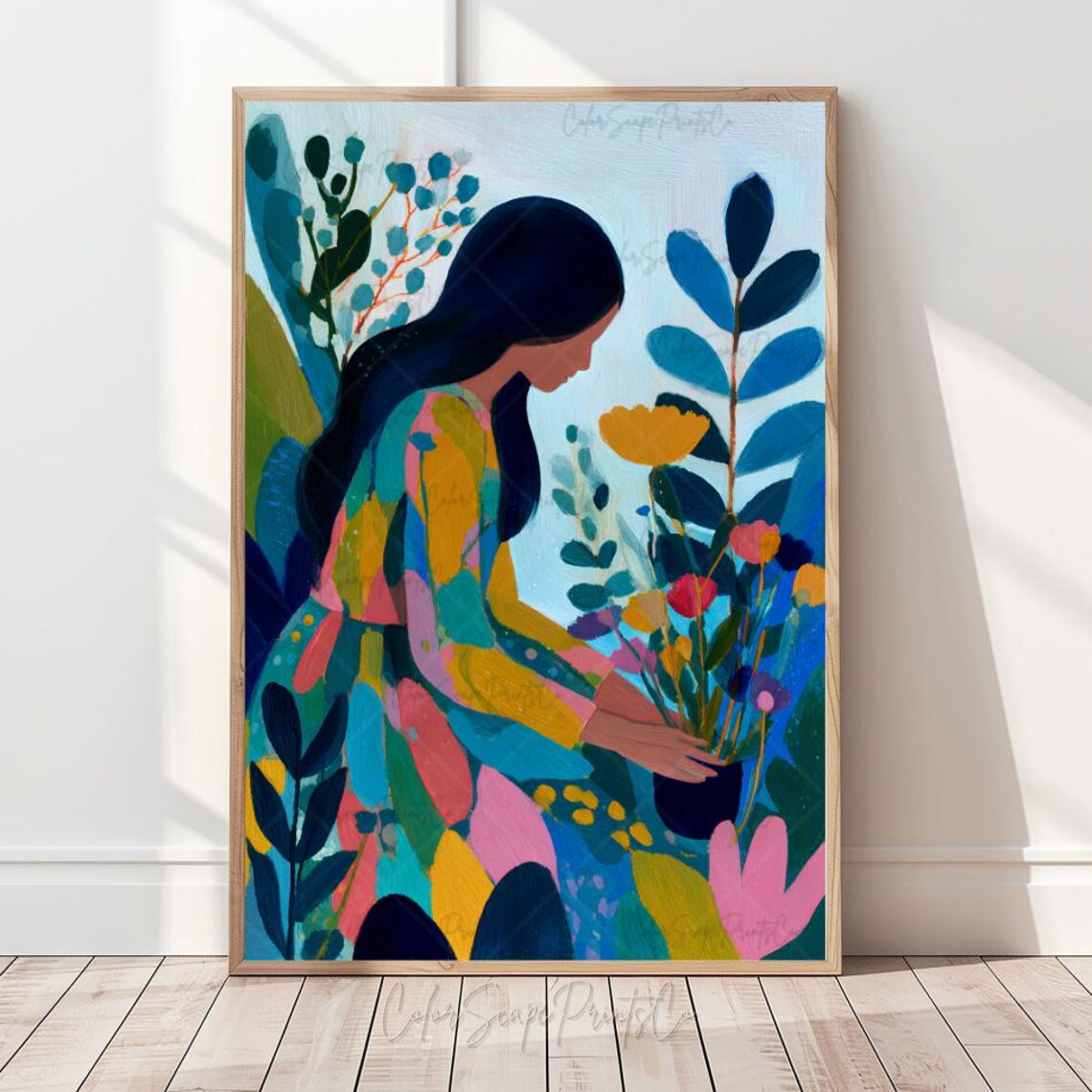 Woman Gathering Flowers Colorful Botanical Folk Art Painting Poster