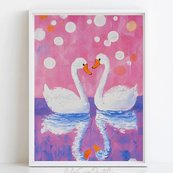 Pink Pastel Twin Swans Watercolor Baby Nursery Room Art Poster