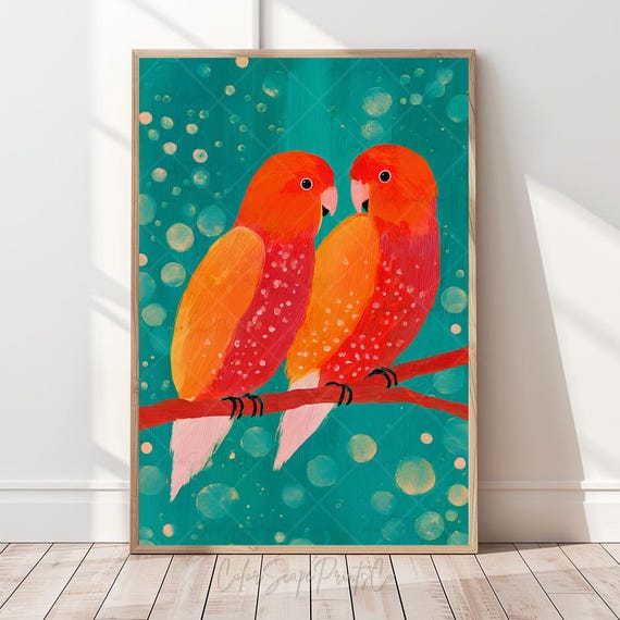 Colorful Parrot Pair Painting Macaw Print Tropical Lovebirds Wall Art Cute Pastel Birds Funny Bird Nursery Bright Summer Poster