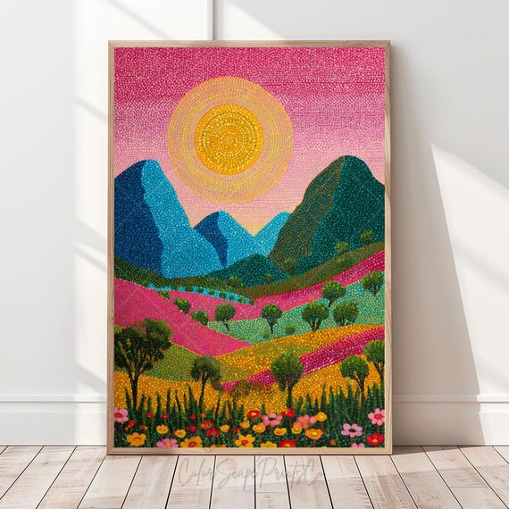 Indigenous Australian Aboriginal Art Bright Vibrant Landscape Print Abstract Mountain Artwork Colorful Painting Bold Nature