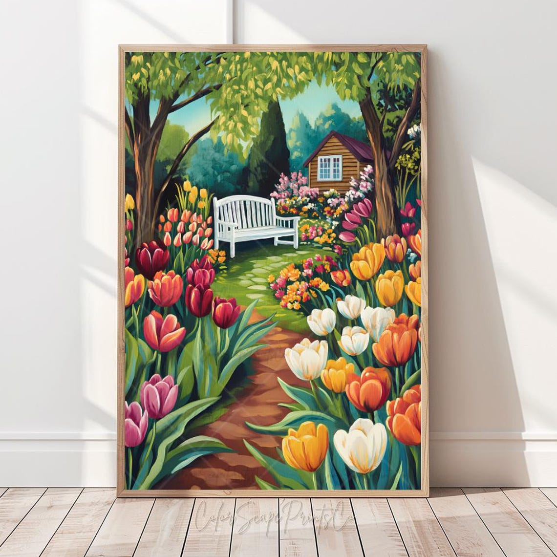 Tulip Garden Bench Poster Spring Cottage Flowers Winding Path Design