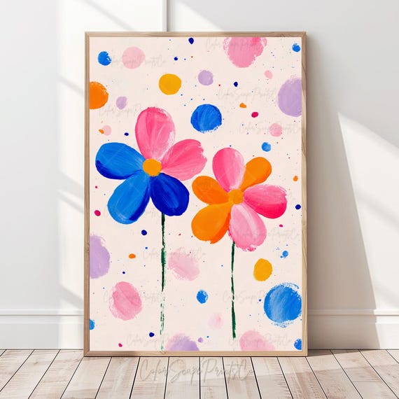 Colorful Flower Print Pink Pastel Wall Art Abstract Floral Cute Summer Flowers Nursery Decor Garden Illustration Poster