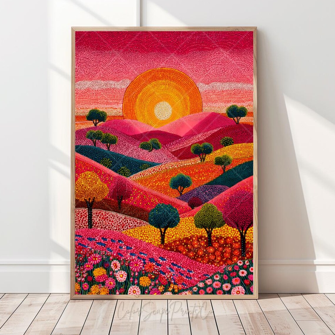 Aboriginal Dot Art Sunset Hills Colorful Landscape Painting Poster