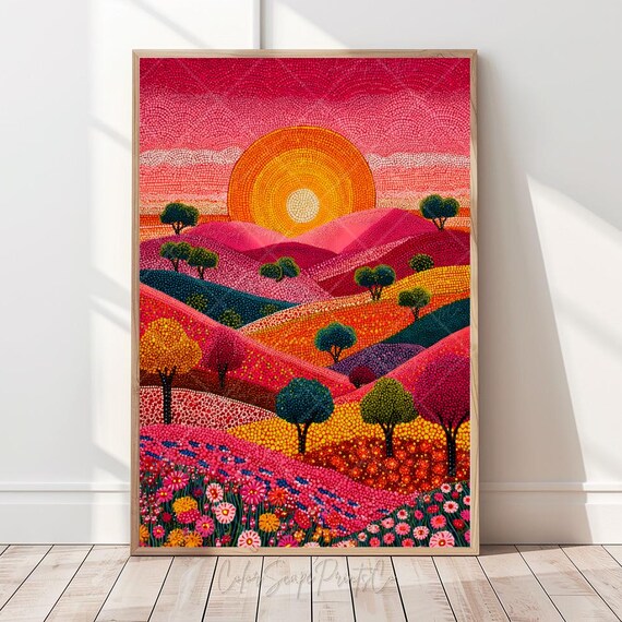 Indigenous Australian Aboriginal Art Bright Vibrant Landscape Print Abstract Mountain Artwork Colorful Painting Bold Nature