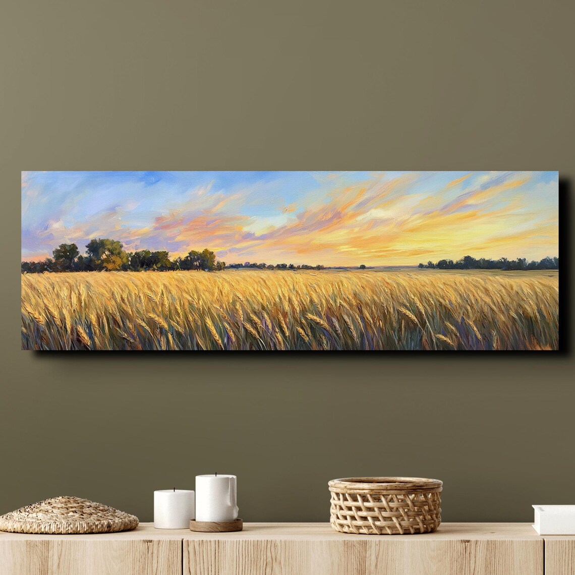 Serene Wheat Landscape, Tranquil Panorama Art