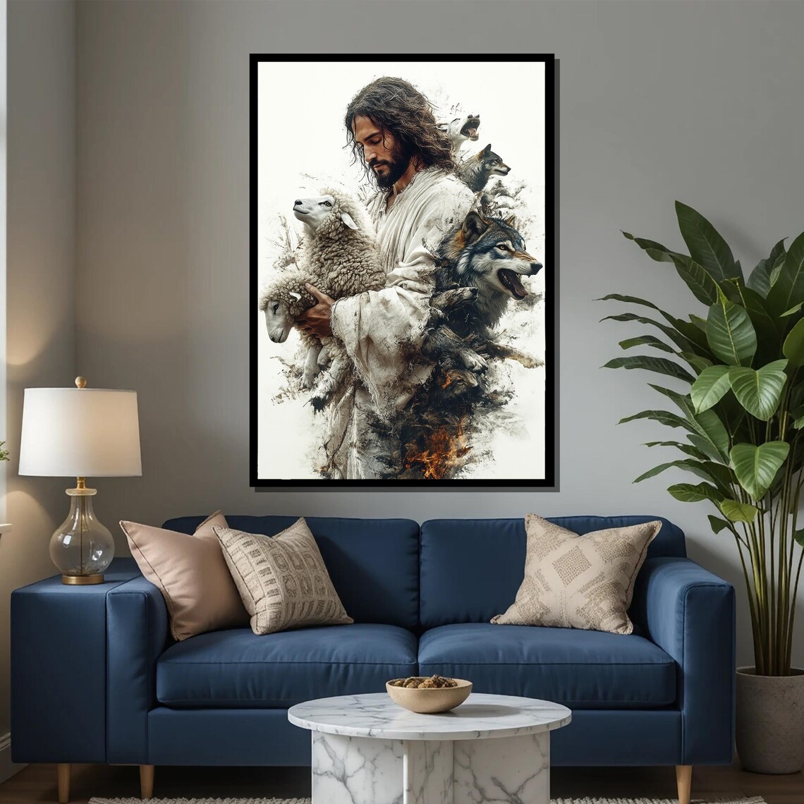 Jesus Protecting The Lamb, Spiritual Religious Art Print - Image 2