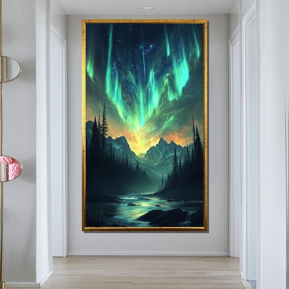 Northern Lights Painting Aurora Borealis Landscape Art Mystical Night Sky Wall Decor Nature Gift For Home
