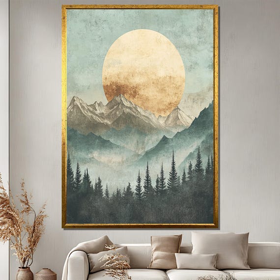 Vintage Moon Mountain Painting Misty Forest Landscape Art Timeless Nature Wall Decor Elegant Gift For Home