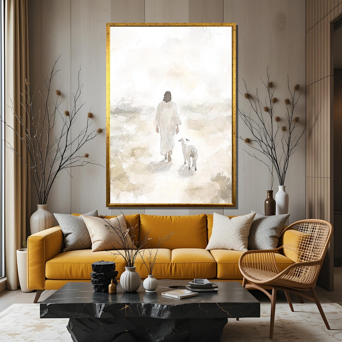 Jesus And Lamb Watercolor Minimalist Religious Art Print - Image 3