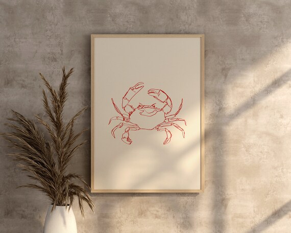 Crab Wall Art Summer Poster Euro Summer Wall Art Minimalist Wall Art Fine Line Drawing Seaside Art