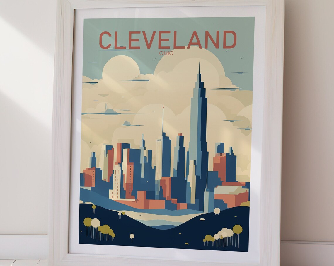 Cleveland Ohio Skyline Retro Travel Poster Art Deco Cityscape Art - Image 2